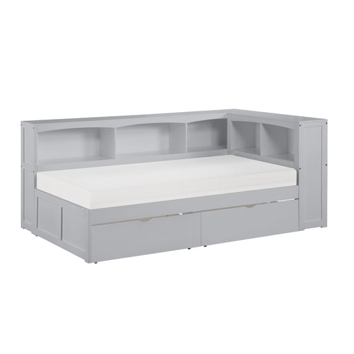 Orion-(4) Twin Bookcase Corner Platform Bed with Storage Boxes image