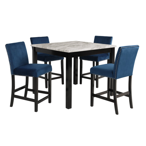 Celeste 5Pc 42" Marble Finish Counter Table & 4 Chairs-Blue