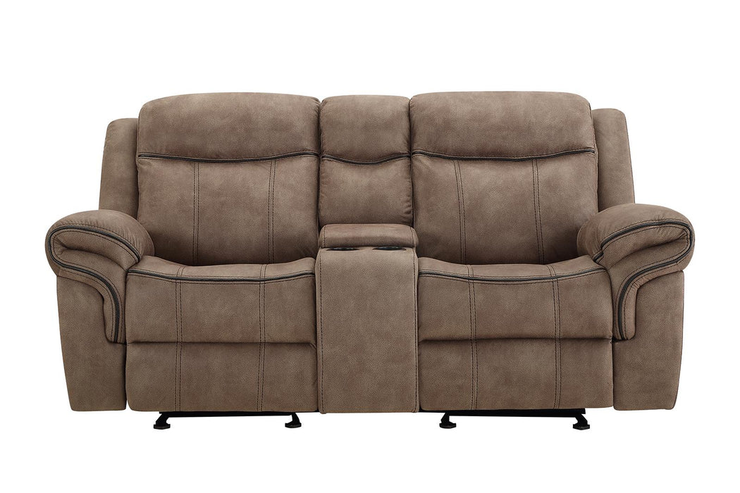 New Classic Furniture Harley Glider Console Loveseat with Dual Recliners in Light Brown